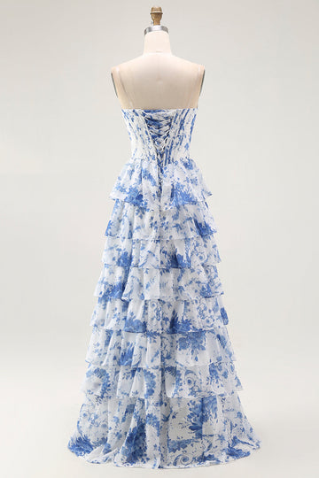 Blue White Flower A Line Ruffled Corset Long Formal Dress with Slit